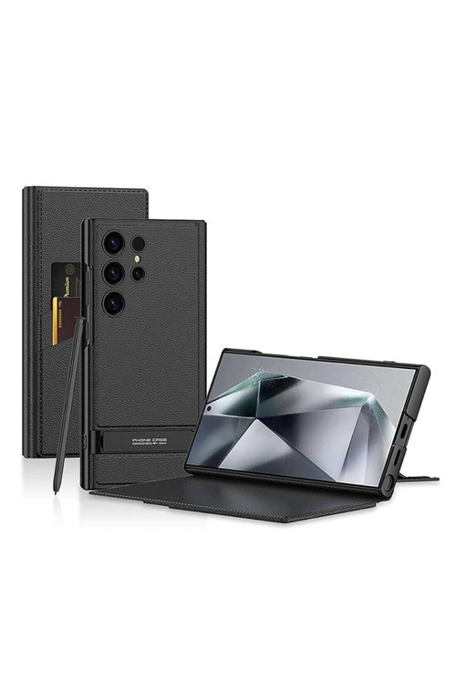 S24 Ultra ile Uyumlu Suni Deri Dokulu Folyo Kapaklı Kart Yuvalı Çubuklu 360° Koruma Telefon Kılıfı