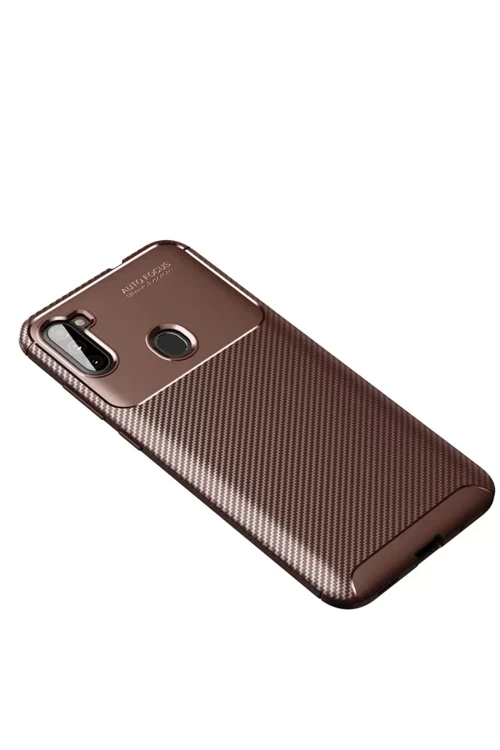 Galaxy A11 Kılıf Auto Focus Karbon Kapak - Kahverengi