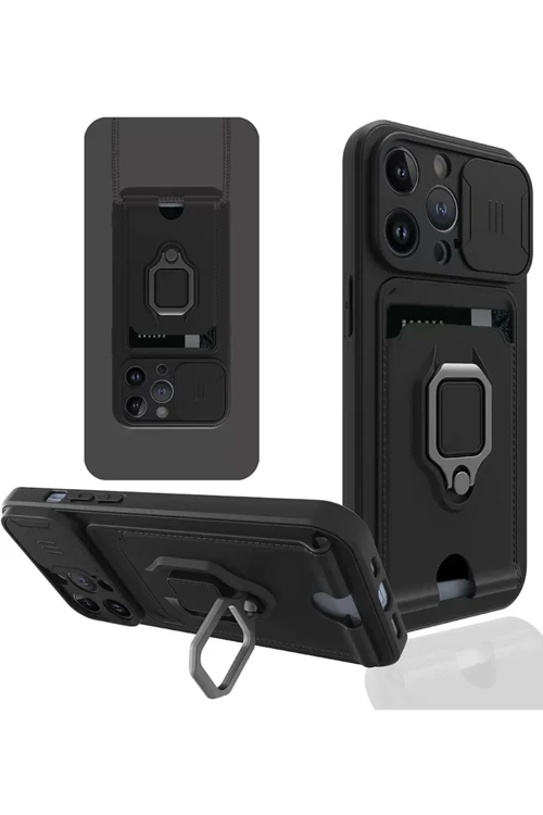 İphone 13 Kılıf Zuma Kartvizitli Yüzüklü Silikon - Siyah
