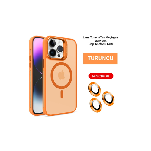 İphone 14 Kılıf Flet Lens Magsafe Kapak - Turuncu