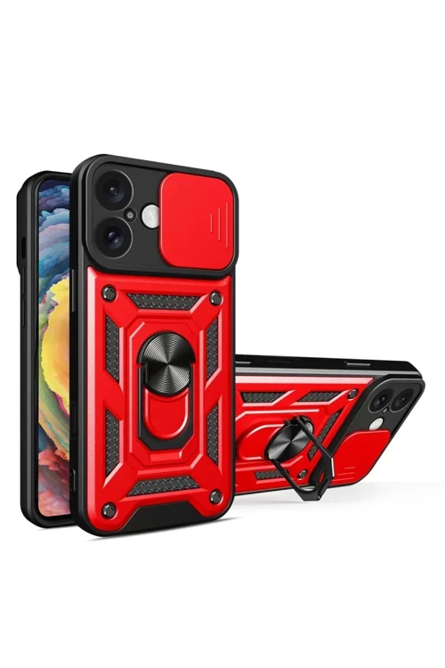 İphone 16 Kılıf Pars Lens Yüzüklü Silikon - Kırmızı