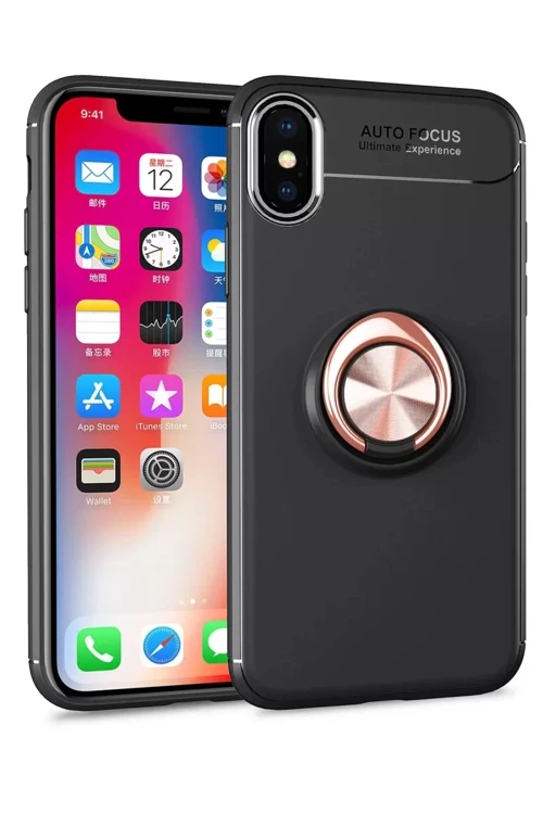 İphone Xs Kılıf Range Yüzüklü Silikon - Siyah-Gold