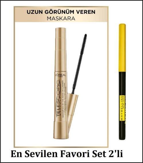 Telescopic Gold Maskara  & Colossal Kajal Asansörlü Siyah Göz Kalemi En Favori 2'li Set