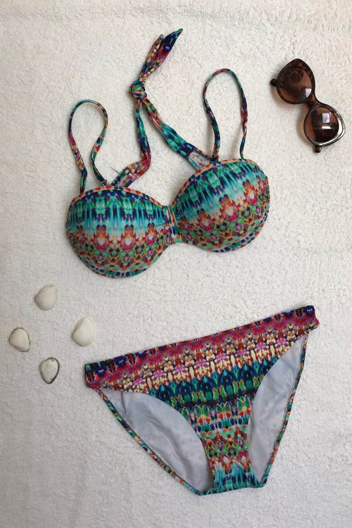 Straplez Destekli Push-Up Desenli Bikini Takımı