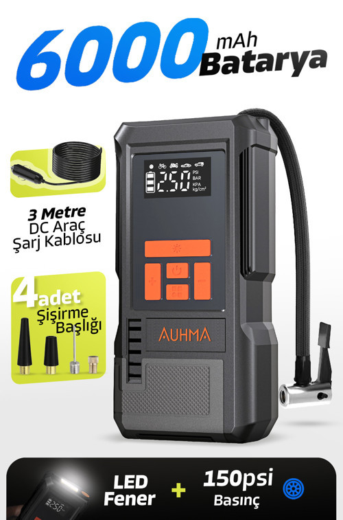A9922 Taşınabilir Şarjlı Hava Pompası 150 PSI 6000 mAh LCD Göstergeli LED Fenerli Araç Lastik