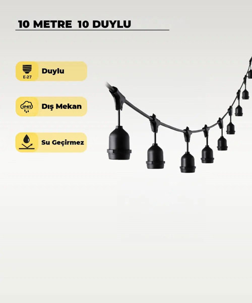 10 Metre 10 Duy E27 Dış Mekan LED Zincir Aydınlatma – Bahçe, Kafe ve Organizasyon Seti (Ampulsüz)