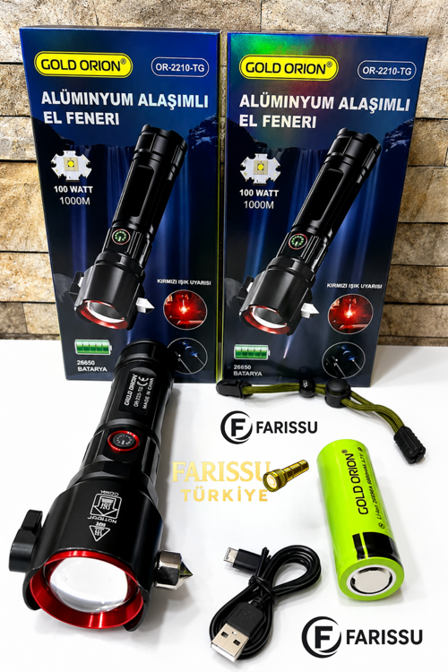 OR-2210-TG Alüminyum Alaşımlı Şarj Edilebilir Taktik El Feneri - 1000 Watt 6000 Lümen, 1 Km Menzilli