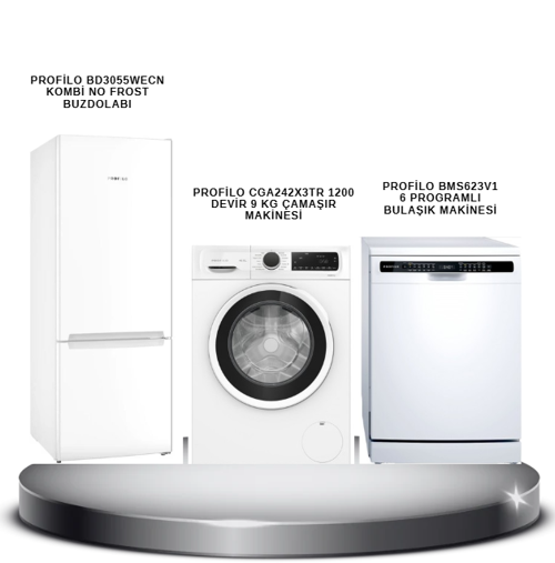 3'lü Buzdolabı (bd3055wevn) + Çamaşır Makinesi (cga242x3tr)+ Bulaşık Makinesi (bms623v1) Avanjatlı Set
