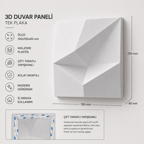 3D Duvar Paneli Kendinden Yapışkanlı Dekoratif Duvar Kaplama 150x150x45 mm Beyaz Modern Geometrik Tasarım