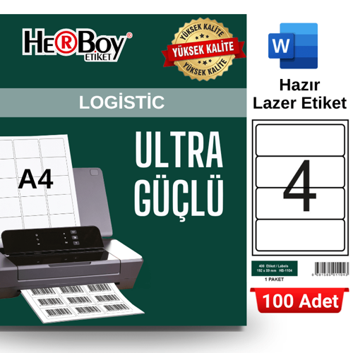 HB-1104 192 x 59 mm A4 Laser Etiket (100 Adet)