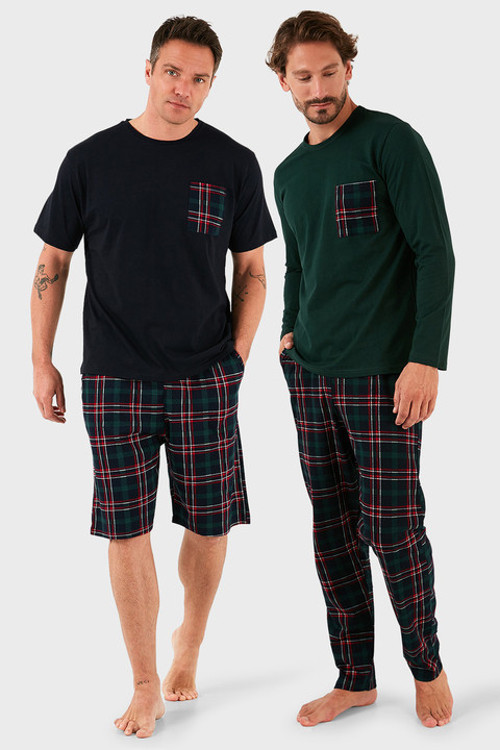 Pamuklu Regular Fit Kareli 2'li Paket Erkek Pijama Takımı 657200120S2 LACİVERT-YEŞİL