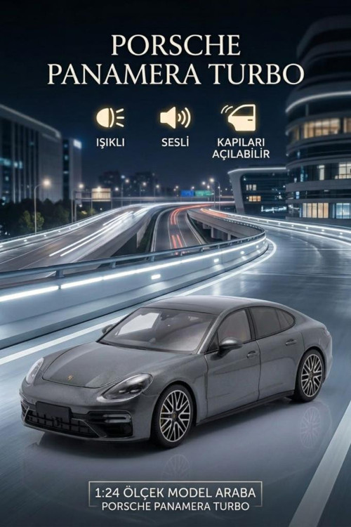 Işıklı Sesli Pilli 1:24 Metal Porsche Panamera Turbo Kapısı Kaputu ve Bagajı Açılabilir Model Araba GRİ