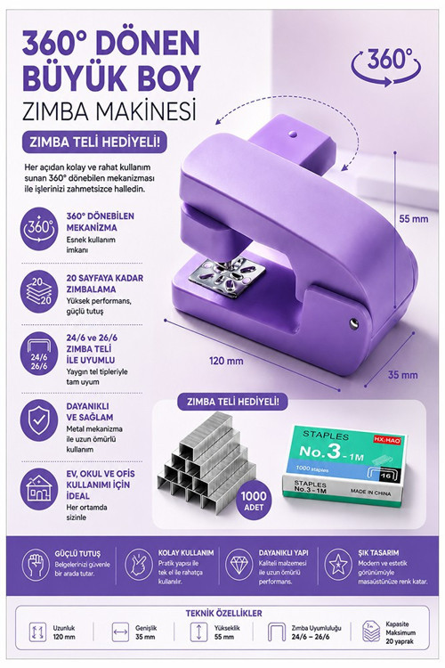 Lila Zımba Makinesi 24/6 1 Adet Fixpoint P-4550 Pastel Renkler Büyük Zımba Makinası ve Teli 20 25 Sayfa Dereceli Ofis