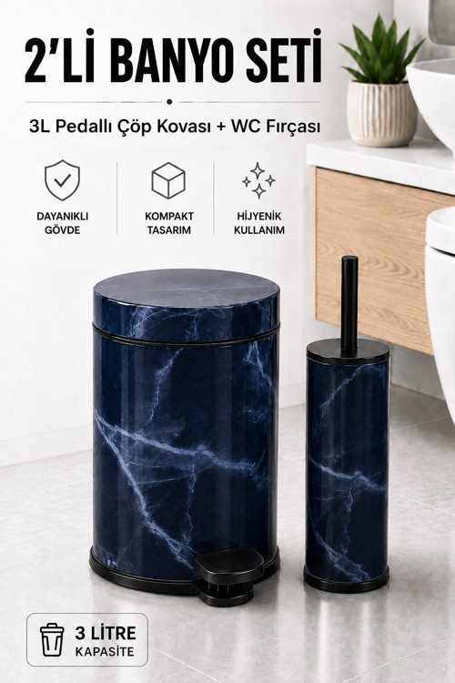 Pedallı Çöp Kovası 3 Litre İç Kovalı Kapaklı Tuvalet Fırçalı Banyo Seti Lacivert Mermer - Titan 7103