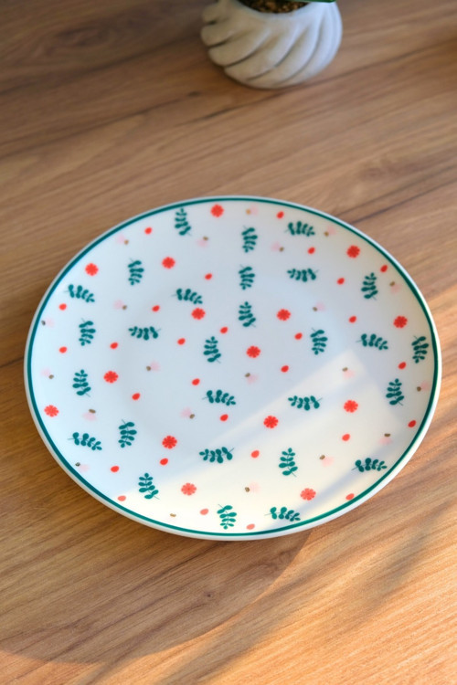 Porselen Yeşil Çiçekli Pasta Tabağı Yeşil Fileli 20,50cm