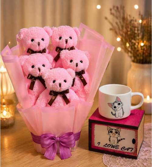 Ayıcık Buketi + Kedi Kupa + Kutu Sevgiliye Tatlı & Romantik Hediye Seti Kedi Temalı Hediye
