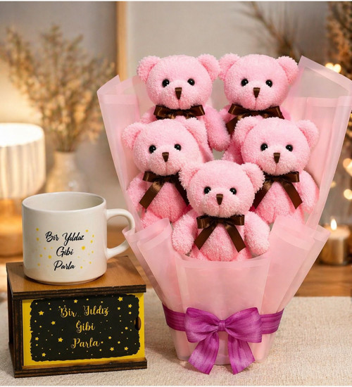 Ayıcık Buketi + Kupa + Işıklı Kutu Sevgiliye Romantik Hediye Seti 5’Li Peluş Ayıcık Buketi Sürprizi
