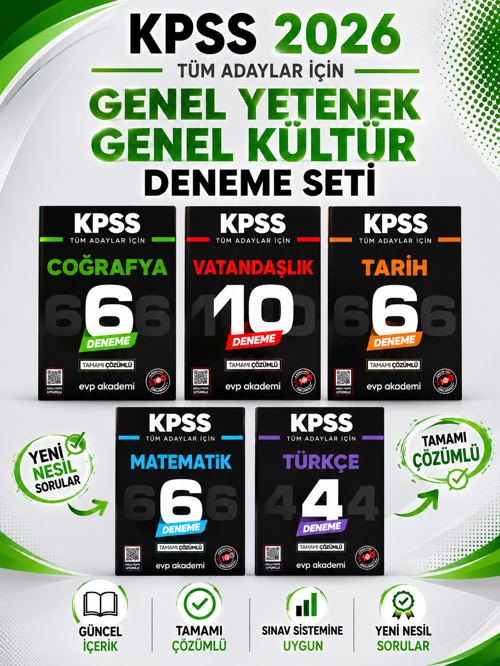 KPSS Tüm Adaylar İçin Tarih, Coğrafya, Vatandaşık, Türkçe, Matematik Deneme Tamamı Çözümlü EVP Akademi