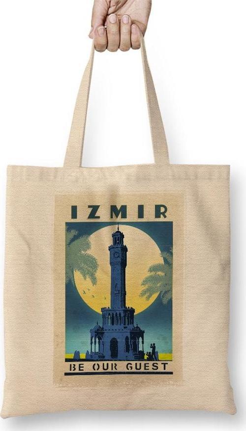 İzmir Saat Kulesi Bez Çanta Uzun Saplı
