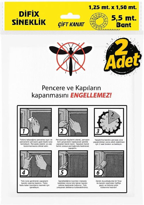 Çift Kanat Sineklik, 1, m x 1.5 m Tül, Kapı & Pencere Uyumlu, 5,5 m Yapıştırma Bantlı (2 Adet)
