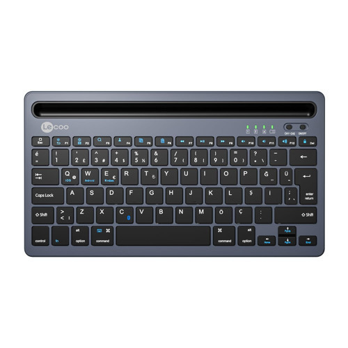 BK100 Kablosuz Bluetooth Şarj Edilebilir, Çoklu Cihaz ile Uyumlu, Telefon/Tablet Tutucu Kart Yuvası, Akıllı Uyku Modlu, 40 Saat Çalışma, 78 Tuş, Kompakt Ultra İnce QWERTY Türkçe Q Klavye Gri
