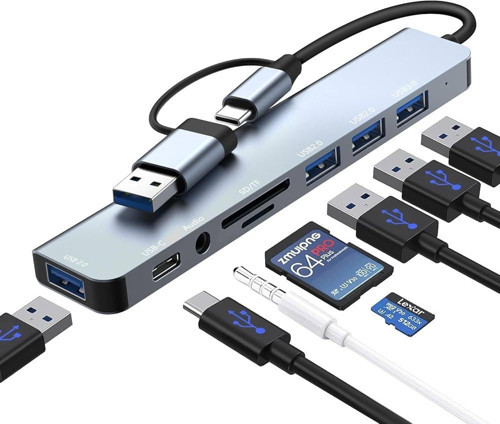 USB C Hub, 8 in1- USB Hub 3.0 çoklu bağlantı noktalı adaptör, USB 3.0 bağlantı noktası, SD/TF kart okuyucu, USB-C 3 x USB 2.0 veri bağlantısı, 3,5 mm kulaklık bağlantısı, MacBook Uyumlu