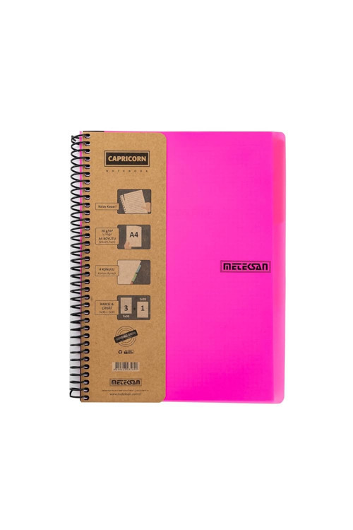 Capricorn Serisi, A4, 7 Konulu (5 Kareli, 2 Çizgili) 210 Yaprak PP Kapaklı Spiralli Defter, Pembe