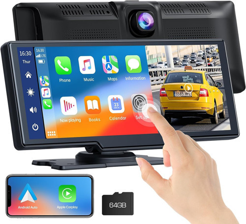 Kablosuz Carplay Android Auto, Ön Dashcam' Araba Stereo, Bluetooth 5.0/GPS/FM/AUX/Mirror /64G TF Card ile Taşınabilir Carplay 9.26 İnç Full HD Dokunmatik Ekran Monitör