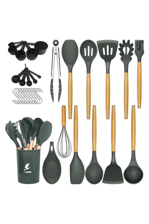 Mikla Isıya Dayanıklı Yanmaz Yapışmaz 33 Silikon Spatula Mutfak Seti Gri