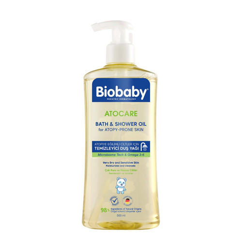 Atocare Duş Yağı 500 ml – Atopiye Eğilimli Bebek Ciltleri İçin, Seramid Kompleksli, 3-6, Yulaf Ekstresi Prebiyotik İçerikli Temizleyici Yağ