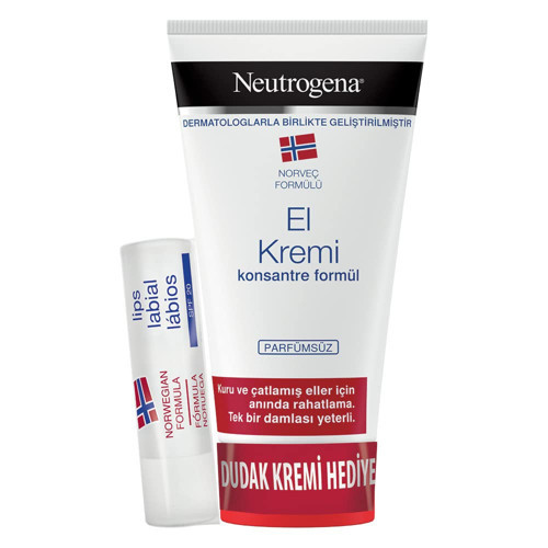 Norveç Formülü El Dudak Bakım Seti — Konsantre Kokusu Olmayan El Kremi 75 ml + Dudak Balmı Stick 4,8 g, Kuru Eller Dudaklar İçin Nemlendirir, Onarır Korur, Satılır