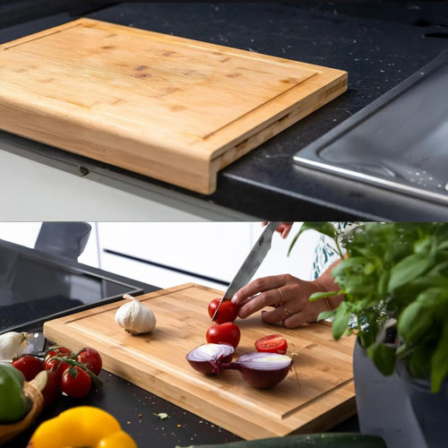 Tezgah Üstü Bambu Kesme Tahtası, Kaymaz Ekmek Tahtası, Kenarlı Kesme Tepsisi Orta Boy (35cm*25cm) - Tezgah Üstü Bambu Kesim Panosu Antibakteriyel Hijyenik, Dayanıklı .