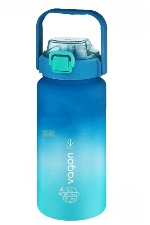 1500ml Pipetli/Pipetsiz Kullanım Kulplu Askılı Çift Motivasyon Matarası (Mavi-Turkuaz)