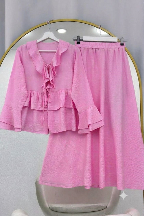 Kolları Fırfırlı Etekli Takım Pembe