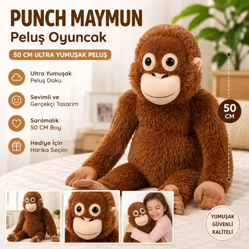Sevimli Punch Maymun Peluş Oyuncak 50 CM Ultra Yumuşak Büyük Boy Sarılmalık Kahverengi Peluş