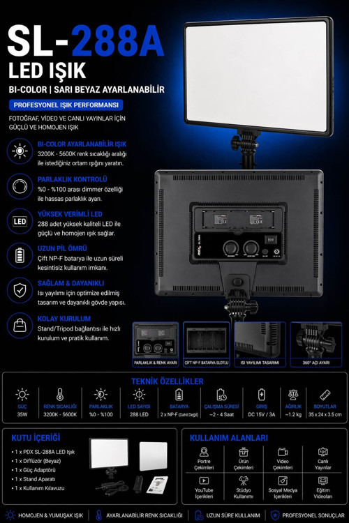 SL-288A LED Işık | Bi-Color | Sarı Beyaz Ayarlanabilir