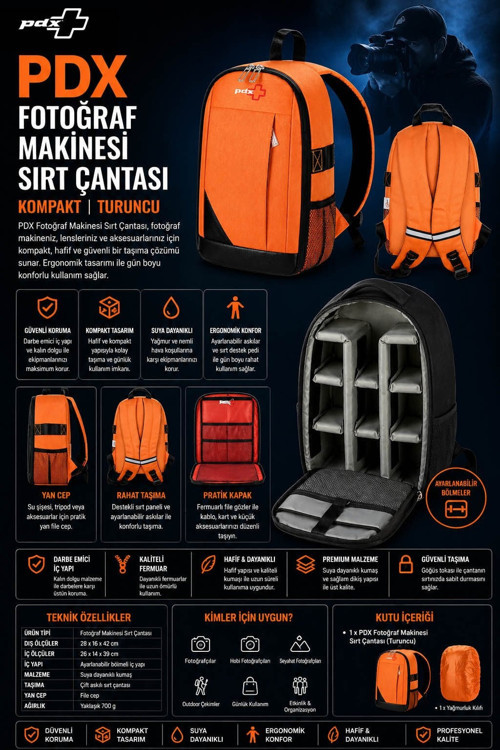 Fotoğraf Makinesi Sırt Çantası | Kompakt | Turuncu