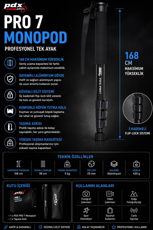 PRO 7 Monopod | 168 cm | Profesyonel Tek Ayak