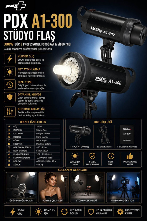 A1-300 Stüdyo Flaş | 300W | Profesyonel Fotoğraf ve Video Işığı