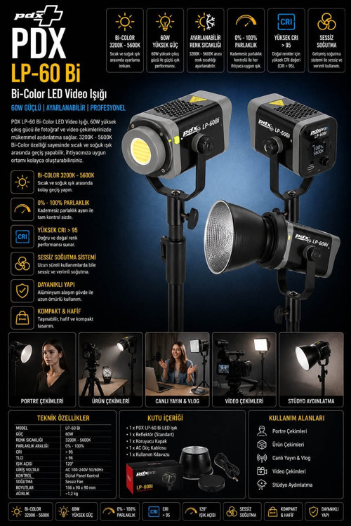 LP-60 Bi-Color LED Video Işığı | 60W | Ayarlanabilir Işık