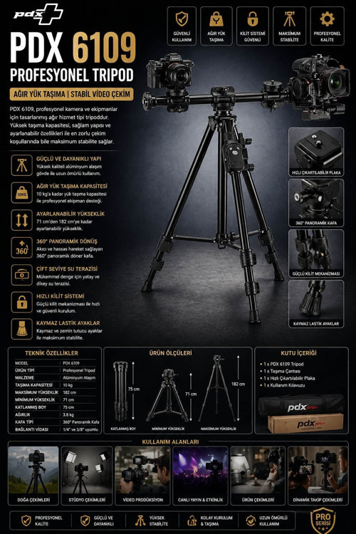 6109 Profesyonel Tripod | Ağır Yük Taşıma | Stabil Video Çekim