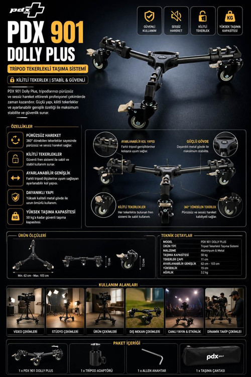 901 Dolly Plus | Tripod Tekerlekli Taşıma Sistemi | Kilitli Tekerlek