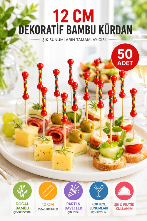 50 Adet Dekoratif Kırmızı Örgülü Bambu Kürdan 12 cm Kokteyl Parti Kanepe Sunum Çubuğu Seti Paket
