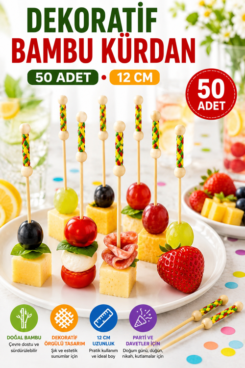 50 Adet Dekoratif Sarı Örgülü Bambu Kürdan 12 cm Parti Davet Kokteyl Meyve Sunum Kürdanı Seti Paket