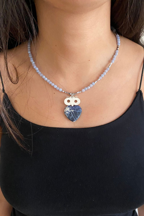 925 Ayar Gümüş Lapis Lazuli Doğal Taş Uç Larimar Doğaltaş El Yapımı Özel Tasarım Baykuş Kolye