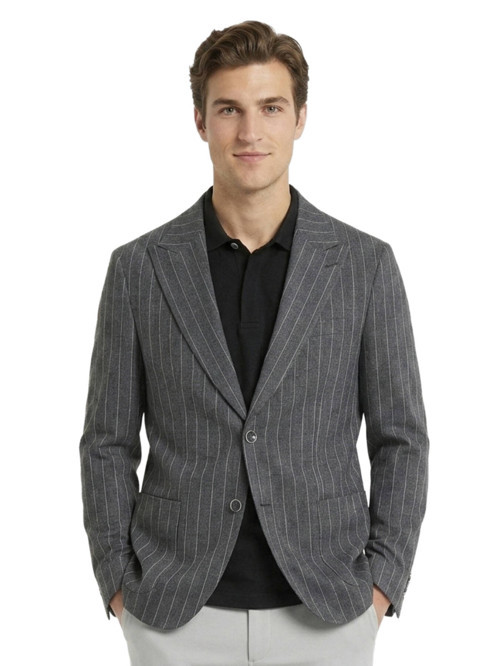 Antrasit Çizgili Modern Fit Keten Karışımlı Ceket