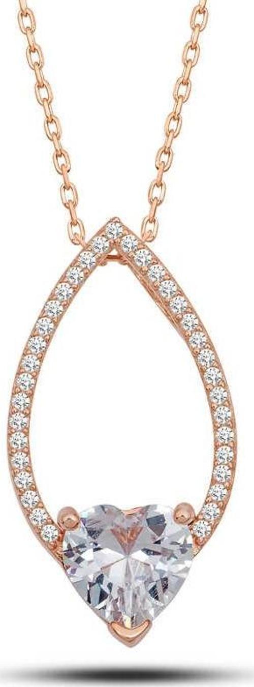 Gümüş Rose Kalp Beyaz Taşlı Damla Kadın Kolye