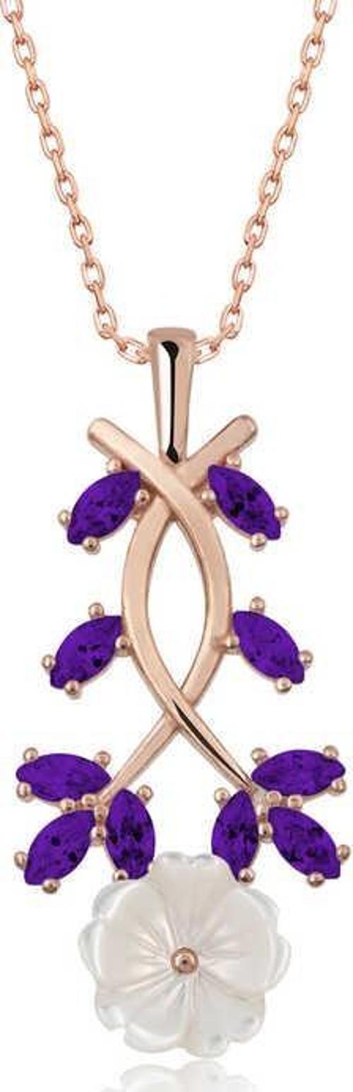 Gümüş Rose Mor Yapraklı Bahar Çiçeği Kolye