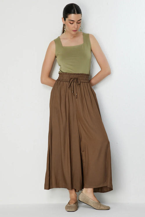 Kadın Beli Lastikli Geniş Paça Pantolon 70136 Kahverengi