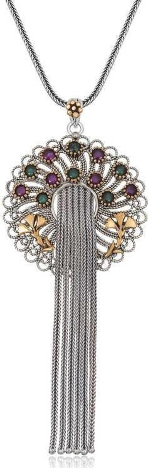 Gümüş Telkari Yakut Zümrüt Renkli Taşlı Kadın kolye